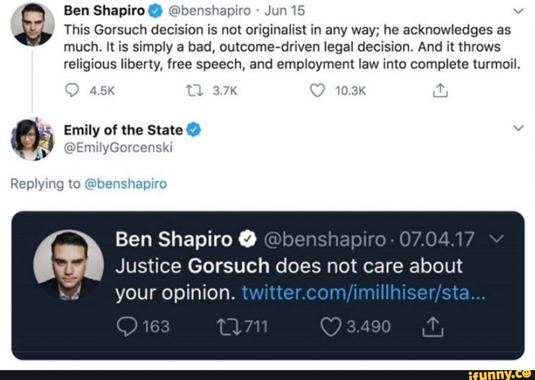 Ben Shapiro @benshapiro Jun 15 v This Gorsuch decision is not ...