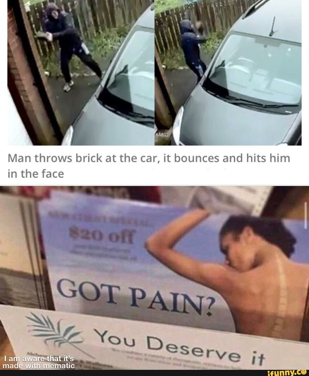 Man throws brick at the car, it bounces and hits him
in the face