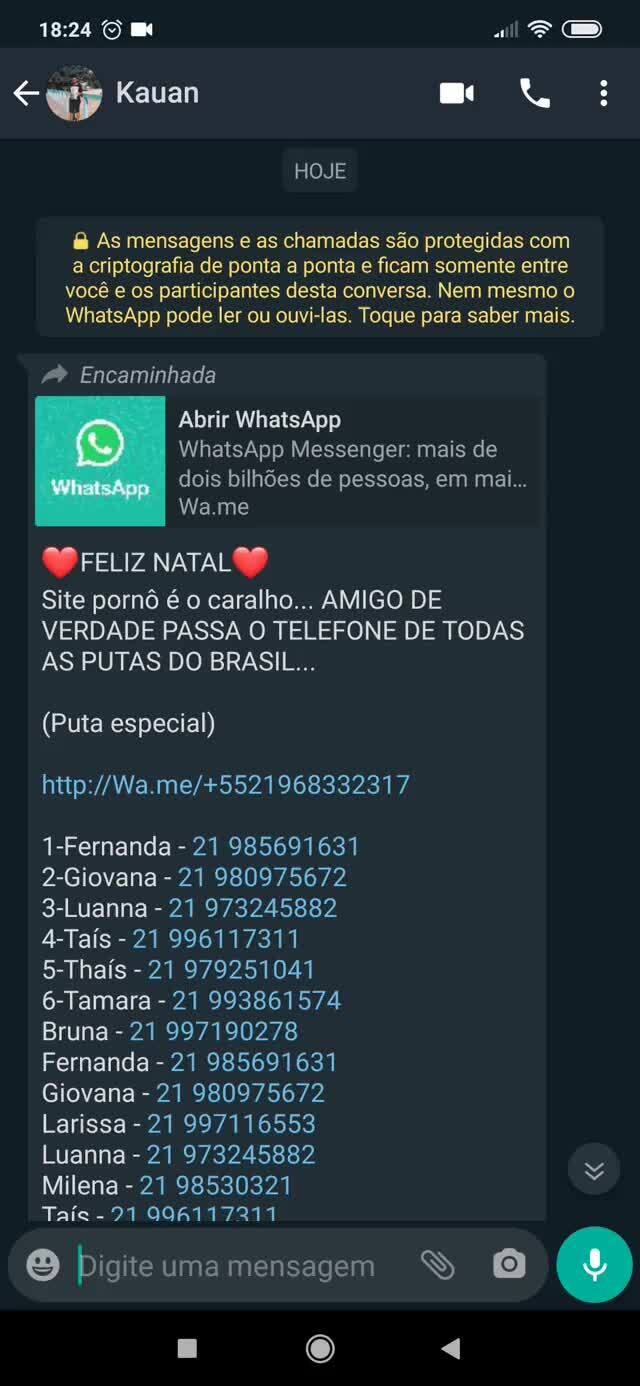 Isso que é amigo porra. - Kauan HOJE As mensagens e as chamadas são  protegidas com a criptografia de ponta a ponta e ficam somente entre você e  os participantes desta conversa.