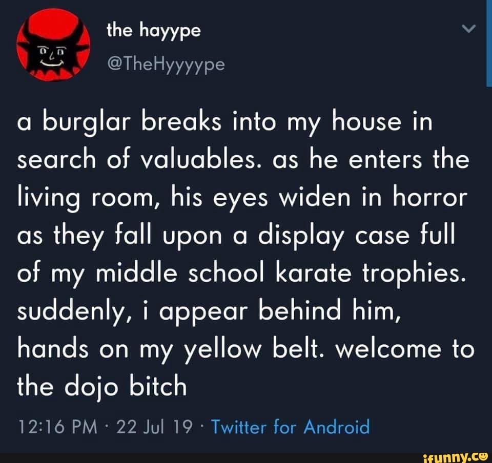 a
burglor breaks into my house in
search of valuables. as
he enters the
living room,
his eyes widen in horror
as
they fall upon o
display case
full
of my middle school karate trophies.
suddenly, i appear behind him,
hands on my yellow belt. welcome to
the dojo bitch