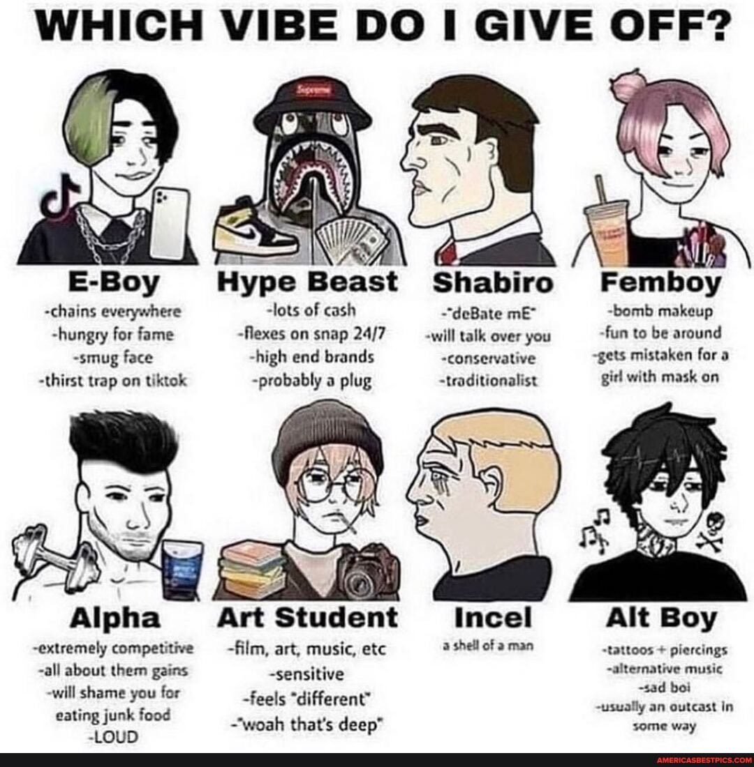 WHICH VIBE DO I GIVE OFF?
Hype Beast Shabiro
-chains everywhere -lots of cash -"deBate mE* -bomb makeup
-hungry for fame -flexes on snap -will talk over you -fun to be around
~smug face -high end brands -conservative ~gets mistaken for
-thirst trap on tiktok -probably a plug ~traditionalist gil with mask on
Alpha Art Student Incel Alt Boy
~extremely competitive ---film, art, music, etc a shell of a man -tattoos + piercings
-all about them gains -sensitive -alternative music
-will shame you for -feels "different -sad boi
-feels "different eating junk food -feels that's deep' "different" usually an some outcast way In
~"woah that's deep' some way