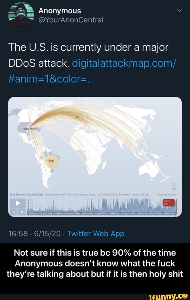 The U.S. is currently under a major
DDoS attack. digitalattackmap.com/
Not sure if this is true bc 90% of the time
Anonymous doesn't know what the fuck
they're talking about but if it is then holy shit - Not sure if this is true bc 90% of the time Anonymous doesn’t know what the fuck they’re talking about but if it is then holy shit