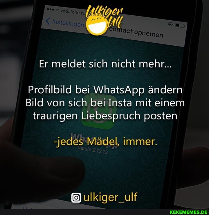 Er meldet sich nicht mehr...
Profilbild bei WhatsApp ändern
Bild von sich bei Insta mit einem
traurigen Liebespruch posten
-jedes Mädel, immer.
ulkiger_ulf