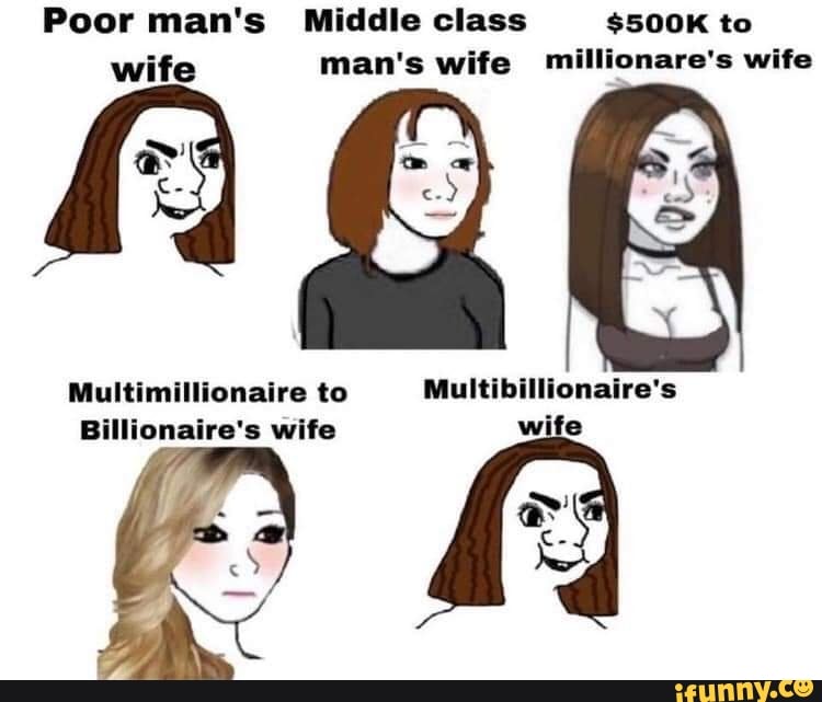 Poor man's Middle class $500K to wife man's wife millionare's wife
Multimillionaire to Multibillionaire's
Billionaire's wife i