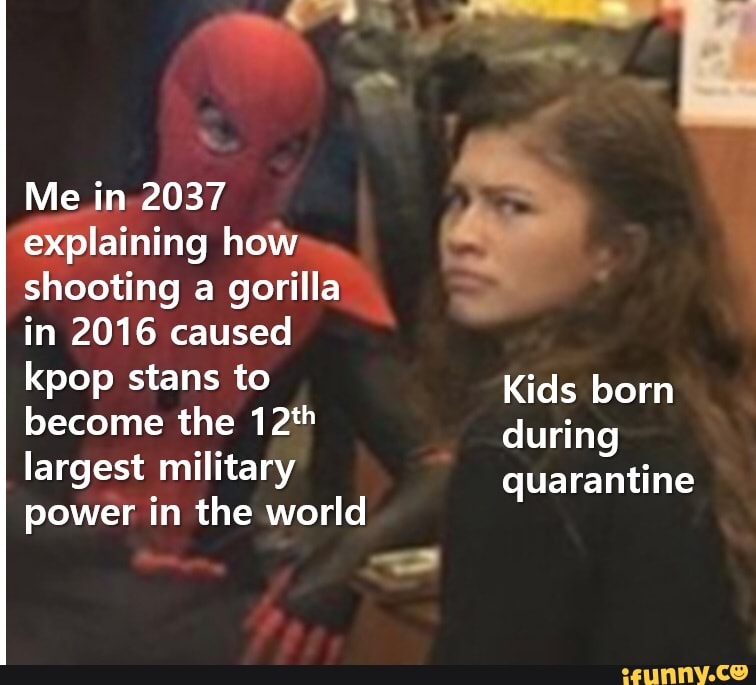 Me in.2037
explaining how
shooting a gorilla
in 2016 caused
become the 12th
largest military
power in the world
Kids born
during
quarantine