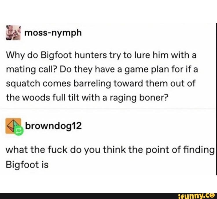 Why do Bigfoot hunters try to lure him with a
mating call? Do they have a game plan for if a
squatch comes barreling toward them out of
the woods full tilt with a raging boner?
what the fuck do you think the point of finding
Bigfoot is