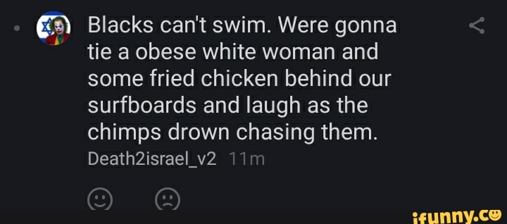 Blacks can't swim. Were gonna tie a obese white woman and some fried chicken behind our surfboards and laugh as the chimps drown chasing them.
Death2israel_v2