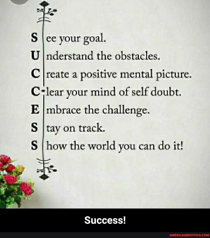 S ce your goal.
U Inderstand the obstacles.
Create a positive mental picture.
C-lear your mind of self doubt.
E mbrace the challenge.
I tay on track.
I how the world you can do it!
Success! - Success!