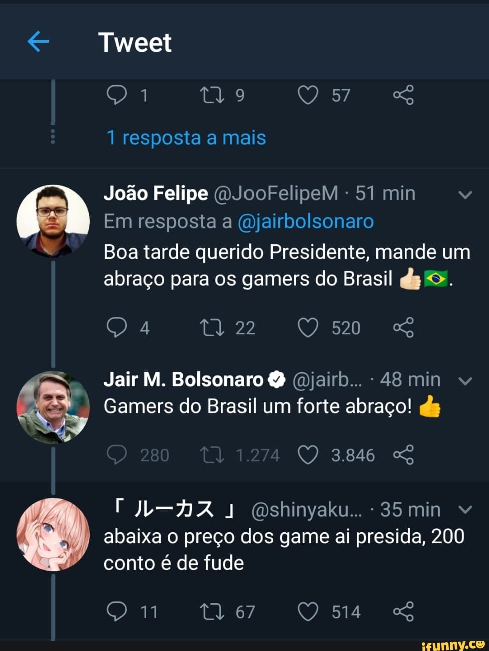 51 min NV
Em resposta (mjairbolsonaro
x Boa tarde querido Presidente, mande um
abraço para os gamers do Brasil dg Gamers do Brasil um forte abraço! ds
conto é de fude