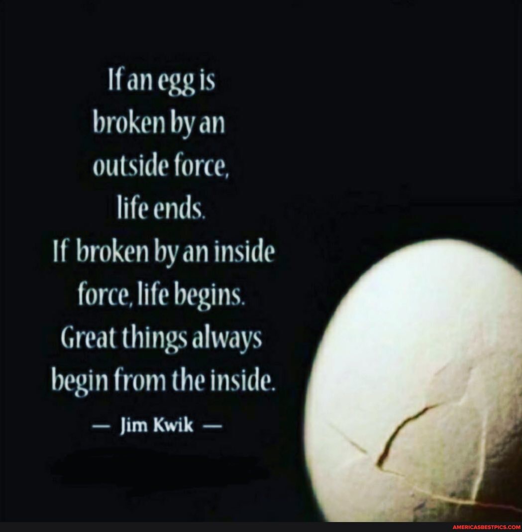 If an egg is broken by an outside force,
life ends.
If broken by an inside force, life begins.
Great things always begin from the inside.
- Jim Kwik -