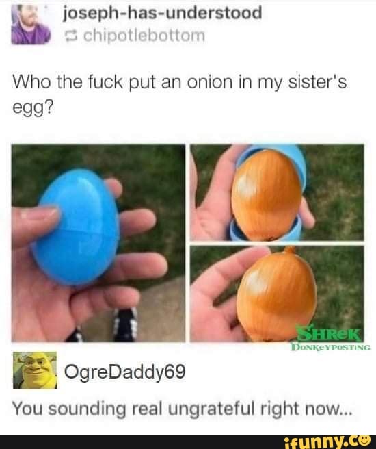 We joseph-has-understood
Who the fuck put an onion in my sister's egg?
OgreDaddy69
You sounding real ungrateful right now...