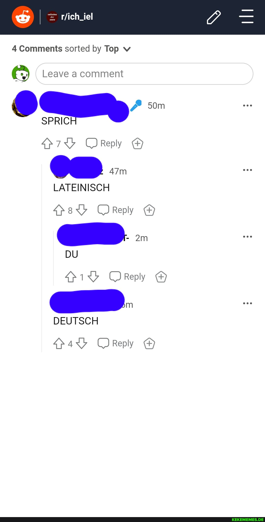 Comments sorted by Top
Leave comment
SPRIC
LATEINISCEH
DU
pity
DEUTSCH O Reply