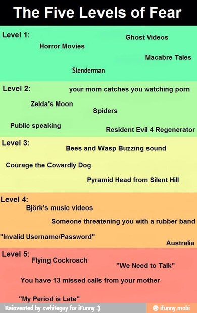 The Five Levels of Fear
MES
Bees and Wasp Buzzing sound
Pyramid Head from Silent Hill
'Someone threatening you with a rubber band
You have 13 missed calls from your mother