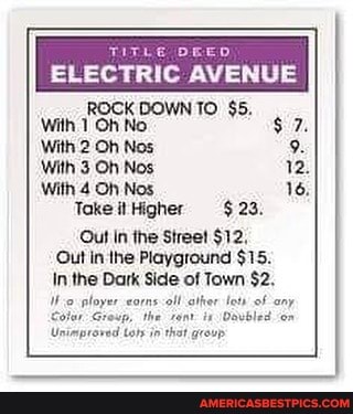 AVENUE
ROCK DOWN TO $5.
With 1 Oh No.
With 2 Oh Nos 9.
With 3 Oh Nos 12.
With 4 Oh Nos 16,
Take it Higher $23.
Out In the Street $12,
Out in Ihe Playground $15.
In the Dark Side of Town $2.
ployer eorns -oll aiher lets of any
Cotar Group, the is Davbled on
Unimproved tors that group