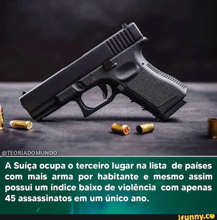 A Suíça ocupa o terceiro lugar na lista de países com mais arma por habitante e mesmo assim possui um índice baixo de violência com apenas
45 assassinatos em um único ano.