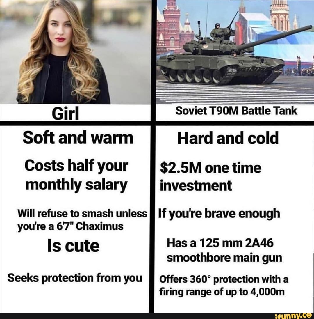 Soft and warm Hard and cold
Costs half your $2.5M one time
monthly salary investment
Will refuse to smash unless If you're brave enough
you're a 6'7" Chaximus
Is cute Has a 125 mm 2A46
smoothbore main gun
Seeks protection from you Offers 360° protection with a
firing range of up to 4,000m