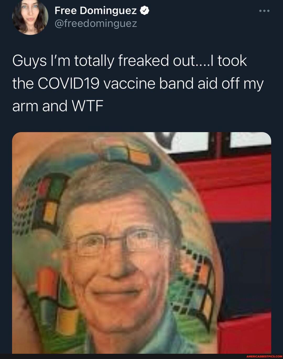 Free Dominguez @
Guys I'm totally freaked out....! took the COVID19 vaccine band aid off my
armand WTF