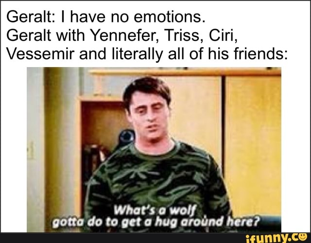 Geralt: I have no emotions.
Geralt with Yennefer, Triss, Ciri,
Vessemir and literally all of his friends:
What's o wolf
gotta do to get a hug around here?