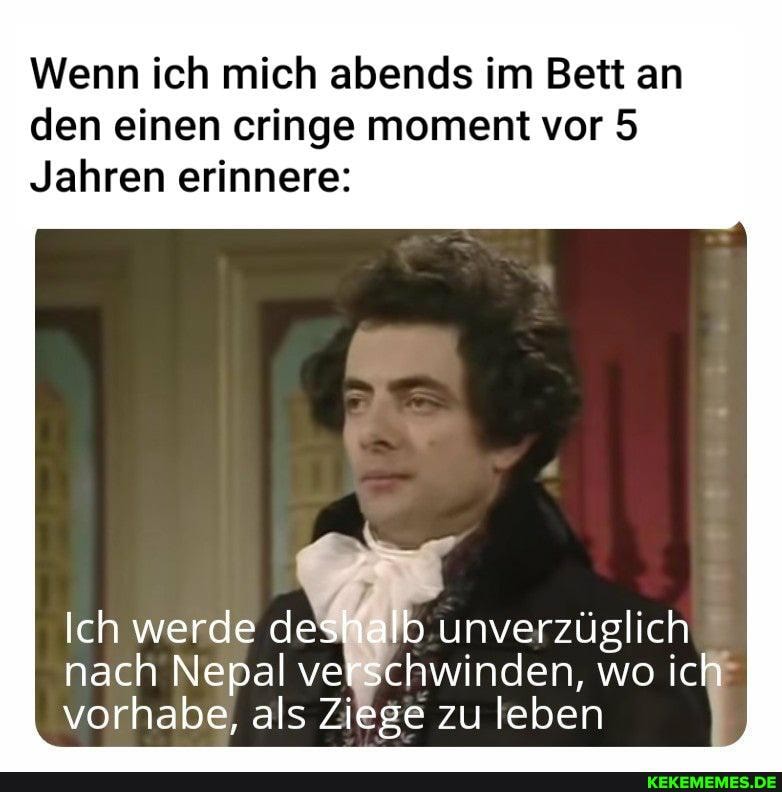Wenn ich mich abends im Bett an den einen cringe moment vor 5
Jahren erinnere:
Ich werde deshalb unverzüglich nach Nepal verschwinden, wo ich vorhabe, als Ziege zu leben