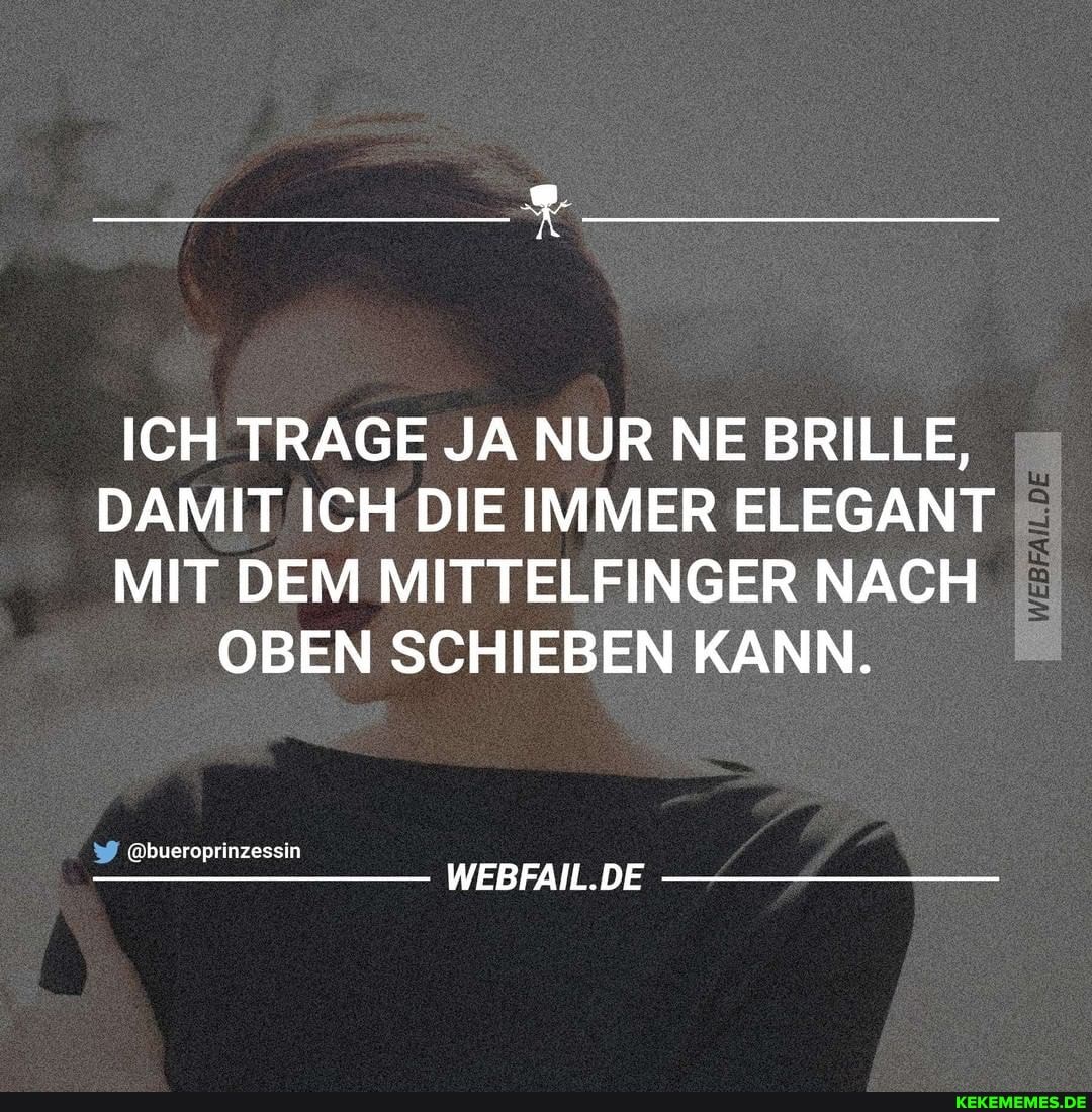 ICH TRAGE JA NUR NE BRILLE,
DAMIT ICH DIE IMMER ELEGANT =
MIT DEM MITTELFINGER NACH OBEN SCHIEBEN KANN.
@bueroprinzessi in
WEBFAIL.DE