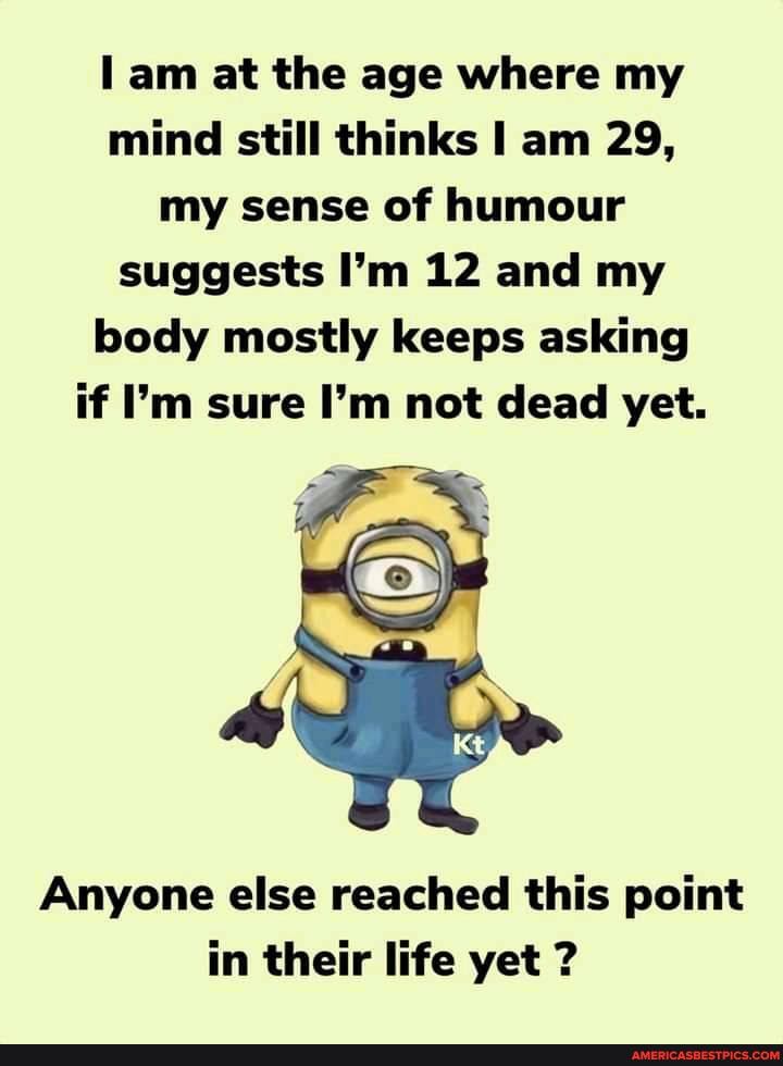 am at the age where my mind still thinks am 29, my sense of humour suggests I'm 12 and my body mostly keeps asking if I'm sure I'm not dead yet.
Anyone else reached this point in their life yet ?