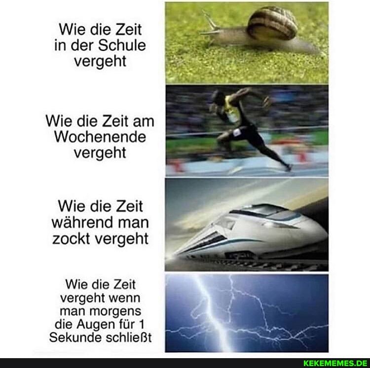 Wie die Zeit in der Schule vergeht
Wie die Zeit am
Wochenende vergeht
Wie die Zeit während man zockt vergeht
Wie die Zeit vergeht wenn man morgens
die Augen für 1
Sekunde schließt
