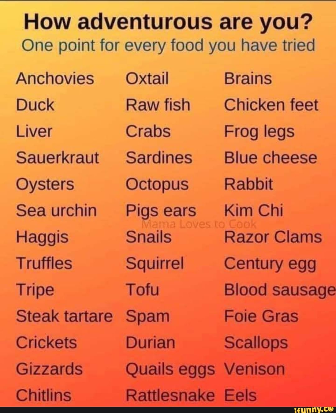 How adventurous are you? One point for every food you have tried ...