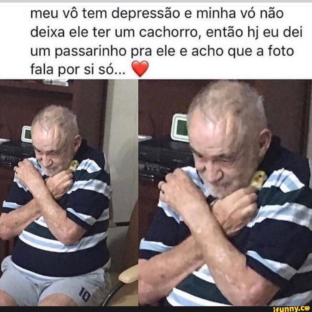 meu vô tem depressão e minha vó não
deixa ele ter um cachorro, então hj eu dei
um passarinho pra ele e acho que a foto