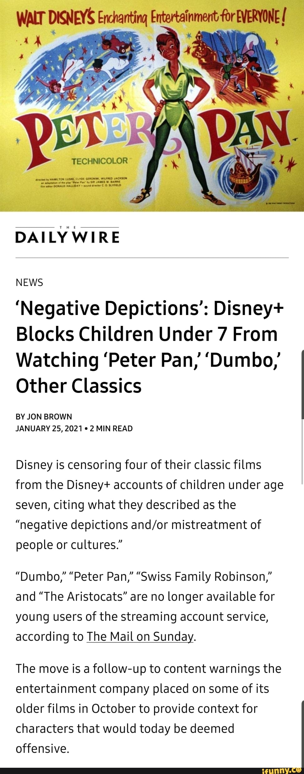 Walt Disneys Enchanting Entertainmert Fr Everyone Technicolor By Hamilton Luske Clyde Geromim Wilfred Jackson Daily Wire News Negative Depictions Disney Blocks Children Under 7 From Watching Peter Pan Dumbo Other Classics By