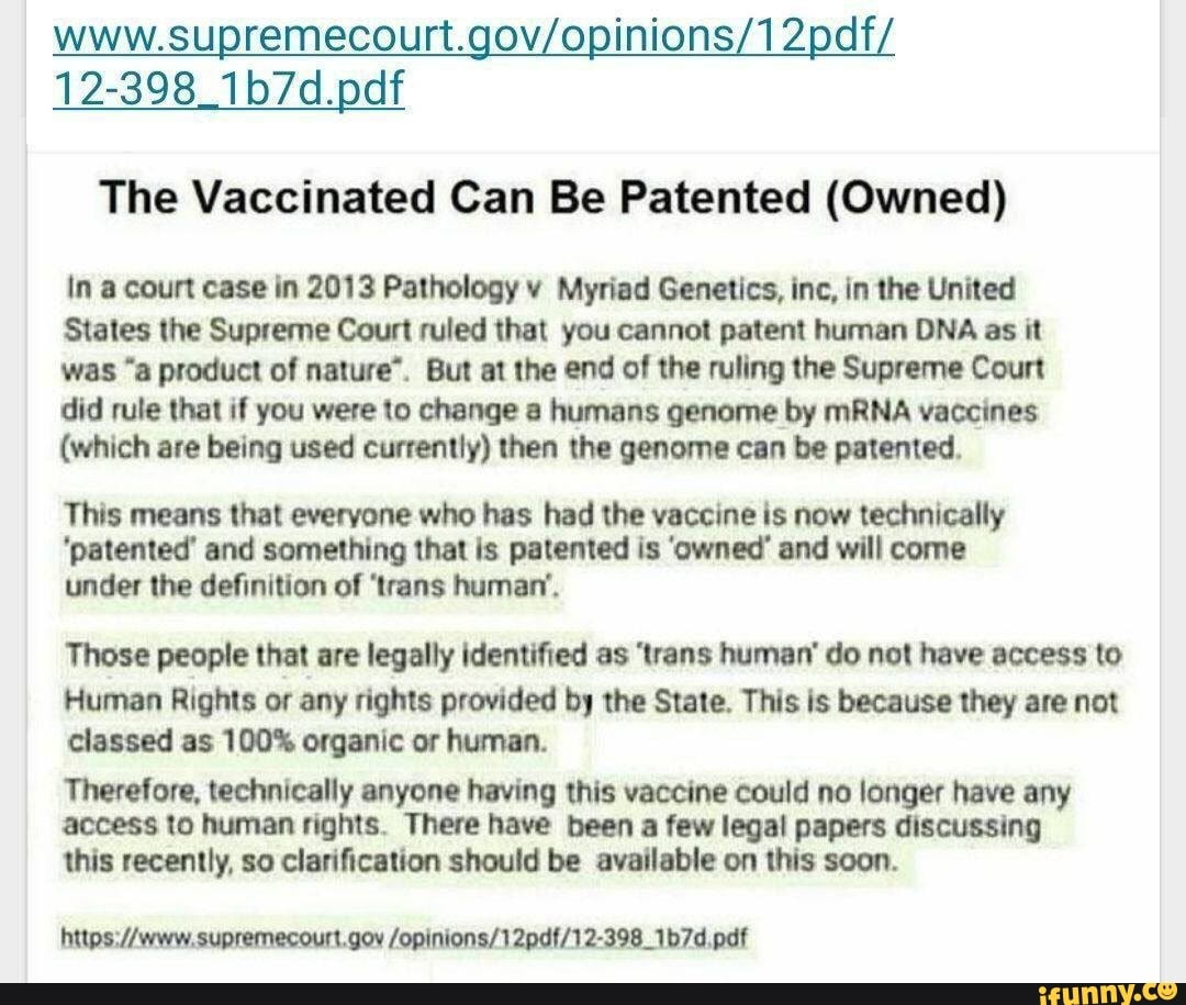 At sige sandheden Tempel tæppe 12-398_1b7d.pdf The Vaccinated Can Be Patented (Owned) In a court case in  2013 Pathology