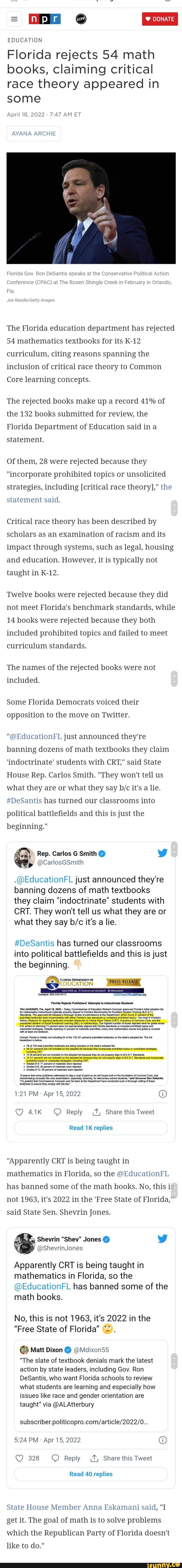 EDUCATION Florida rejects 54 math books, claiming critical race theory