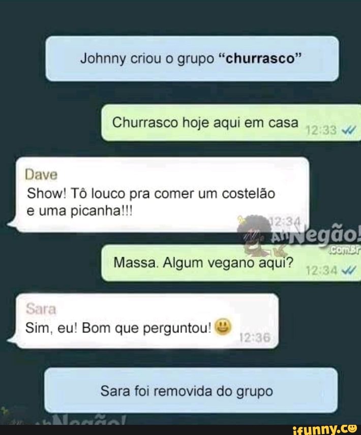 Johnny criou o grupo "churrasco"
Churrasco hoje aqui em casa
Dave
Show! Tô louco pra comer um costelão
e uma picanha!!!
Sim, eu! Bom que perguntou!
Sara foi removida do grupo