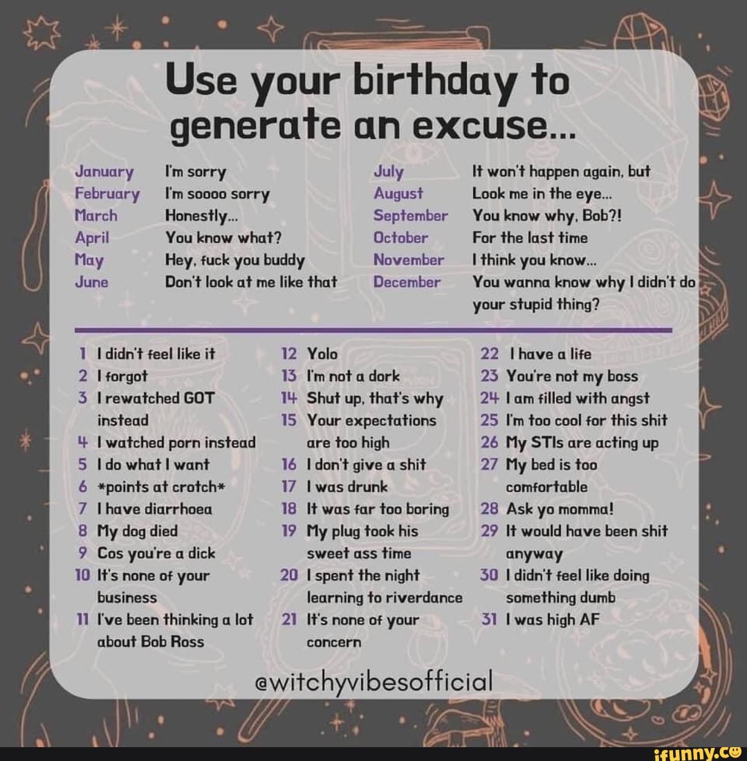 Use your birthday to generate an excuse... January I'm ...