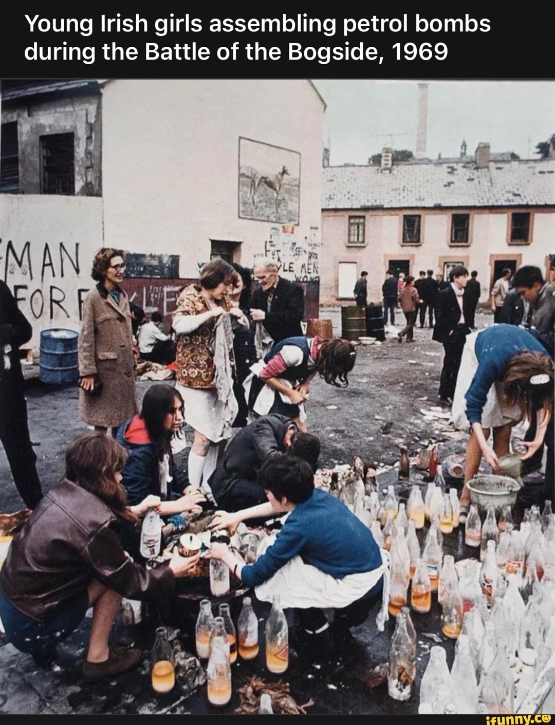 Young Irish girls assembling petrol bombs during the Battle of the