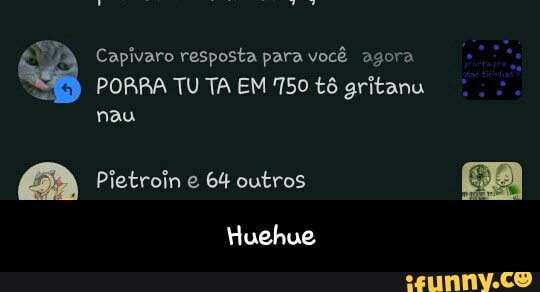 Va Capivaro resposta para você agora
PORRA TU TA EM 7750 tô gritanu
Huehve - Huehue
