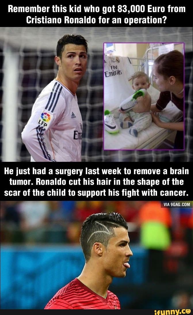 Remember this kid who got 83,000 Euro from
Cristiano Ronaldo for an operation?
He just had a surgery last week to remove a brain tumor. Ronaldo cut his hair in the shape of the scar of the child to Support his fight with cancer.
VIA