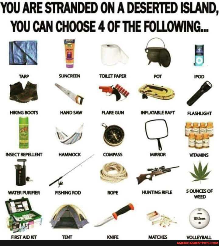 YOU ARE STRANDED ON A DESERTED ISLAND,
YOU CAN CHOOSE 4 OF THE FOLLOWING...
Ca-- :