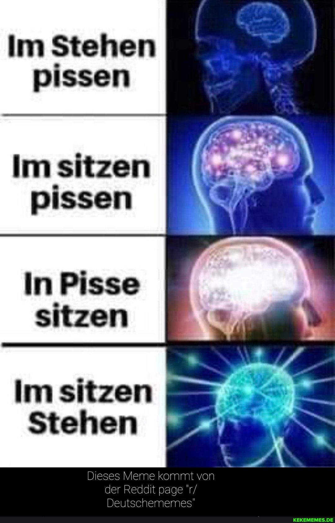 Im Stehen pissen
Im sitzen pissen
In Pisse sitzen
Imsitzen I Stehen
Dieses Meme kommt von
der Reddit page 'r/
Deutschememes"