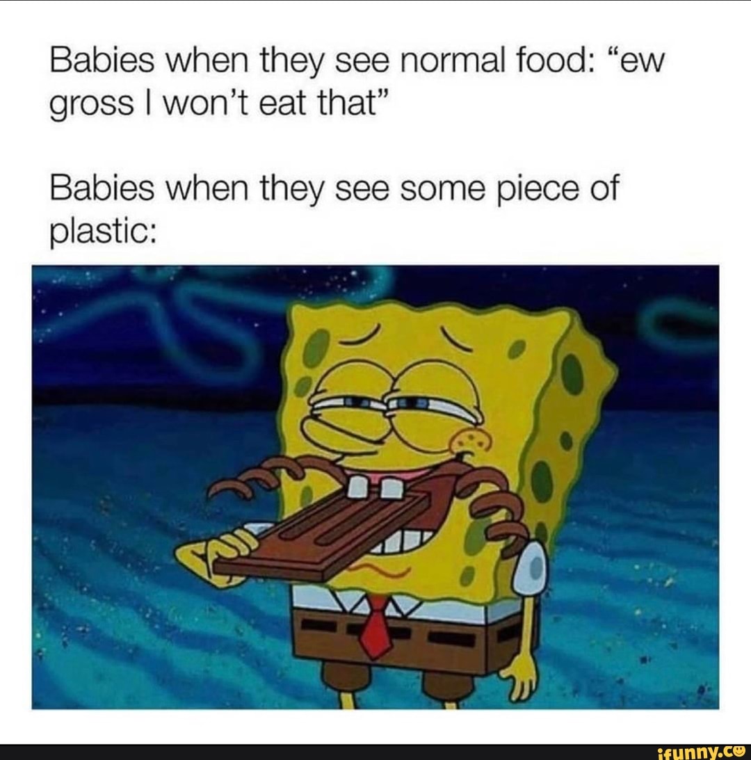 Babies when they see normal food: "ew gross I won't eat that"
Babies when they see some piece of plastic: