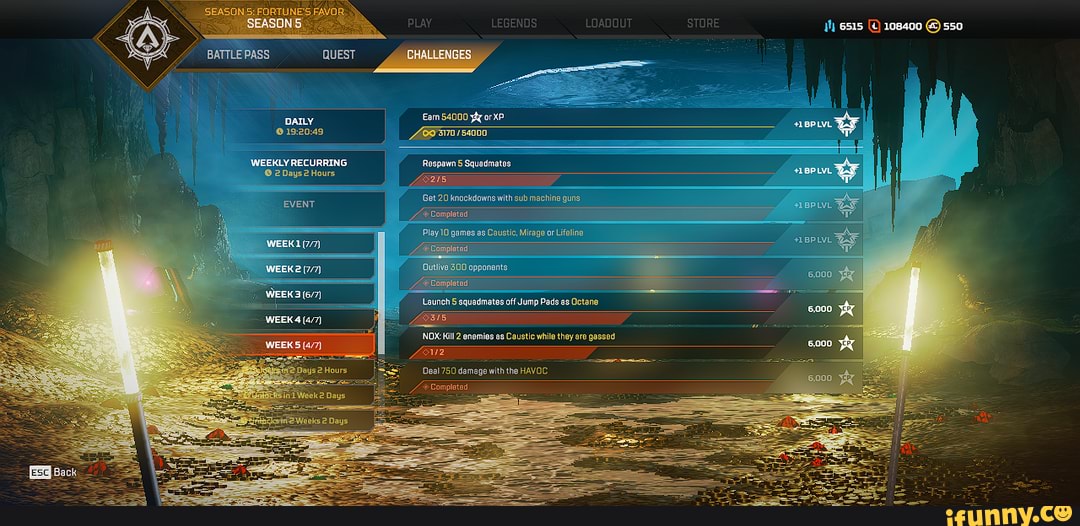 am 54000 o1s2049 T4000
WEEKLY RECURRING Respawn Squenatee
Daye2 Houre
20 knockdowns with sub machine guns
(Get 20 knockdows with sub machine
750 damage with the HAVOC