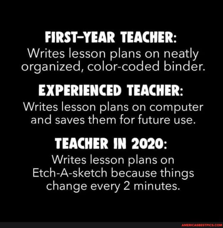 FIRST-YEAR TEACHER:
Writes lesson plans on neatly organized, color-coded binder.
EXPERIENCED TEACHER:
Writes lesson plans on computer and saves them for future use.
TEACHER IN 2020:
Writes lesson plans on
Etch-A-sketch because things change every 2 minutes.