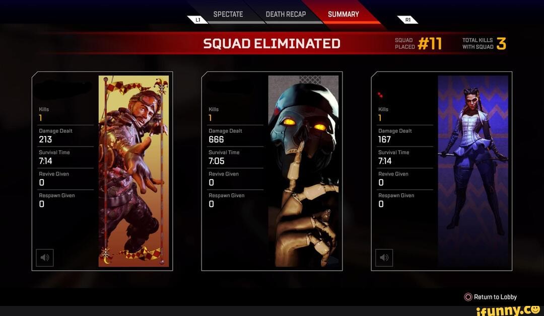 Kills
Damage Dealt
213
Survival Time
714
Revive Given
SPECTATE
DEATH RECAP
SUMMARY
SQUAD ELIMINATED
Kills
Damage Dealt
666
Survival Time
Revive Given
SQUAD PLACED
Damage Dealt
167
Survival Time
714
Revive Given
Respawn Given
TOTAL KILLS WITH SQUAD
Return to Lobby