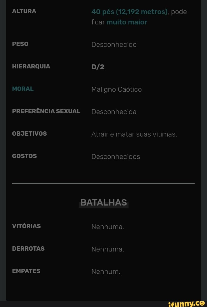 ALTURA
40 pés (12,192 metros), pode ficar muito maior
PESO Desconhecido
HIERARQUIA
MORAL Maligno Caótico
PREFERÊNCIA SEXUAL Desconhecida
OBJETIVOS Atrair e matar suas vítimas.
GostTOS Desconhecidos
BATALHAS
VITÓRIAS Nenhuma.
DERROTAS Nenhuma.
EMPATES Nenhum.