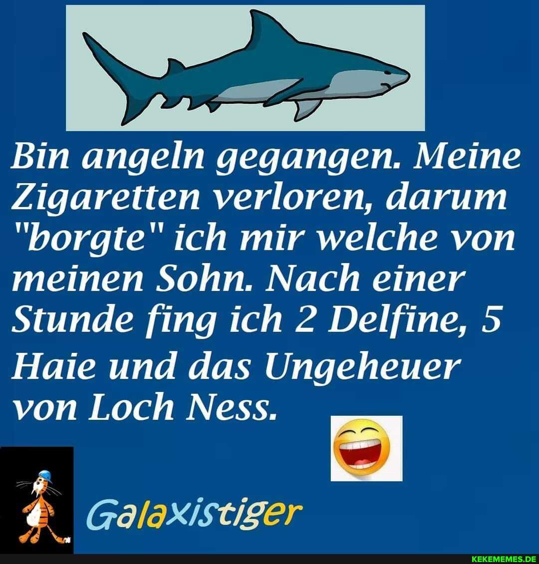 Bin angeln gegangen. Meine
Zigaretten verloren, darum
"borgte" ich mir welche von meinen Sohn. Nach einer
Stunde fing ich 2 Delfine, 5
Haie und das Ungeheuer von Loch Ness.
Galaxiseiger