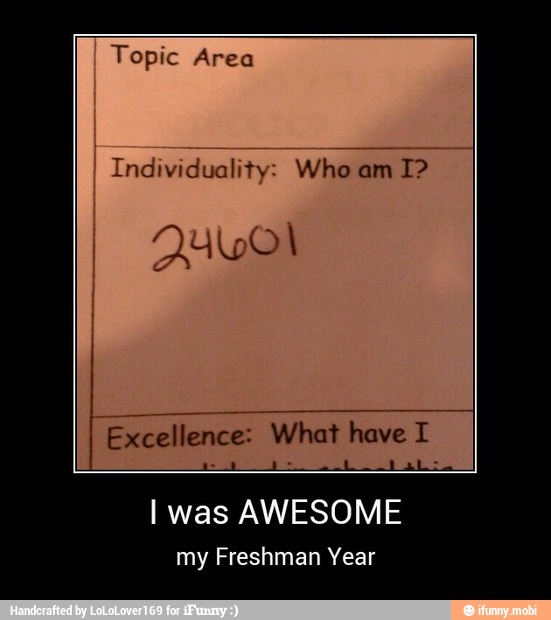 Topic Area
Individuality: Who
am
Excellence: What have I
I was AWESOME
my Freshman Year - I was AWESOME
my Freshman Year