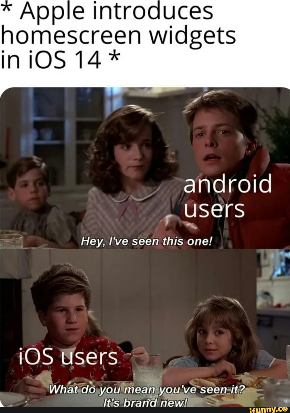 Apple introduces
homescreen widgets
iniOS 14*
android
USErs
Hey, I've seen this one!
¡OS Users
Whátido you!
ficam Tou ve seen: tam
mean