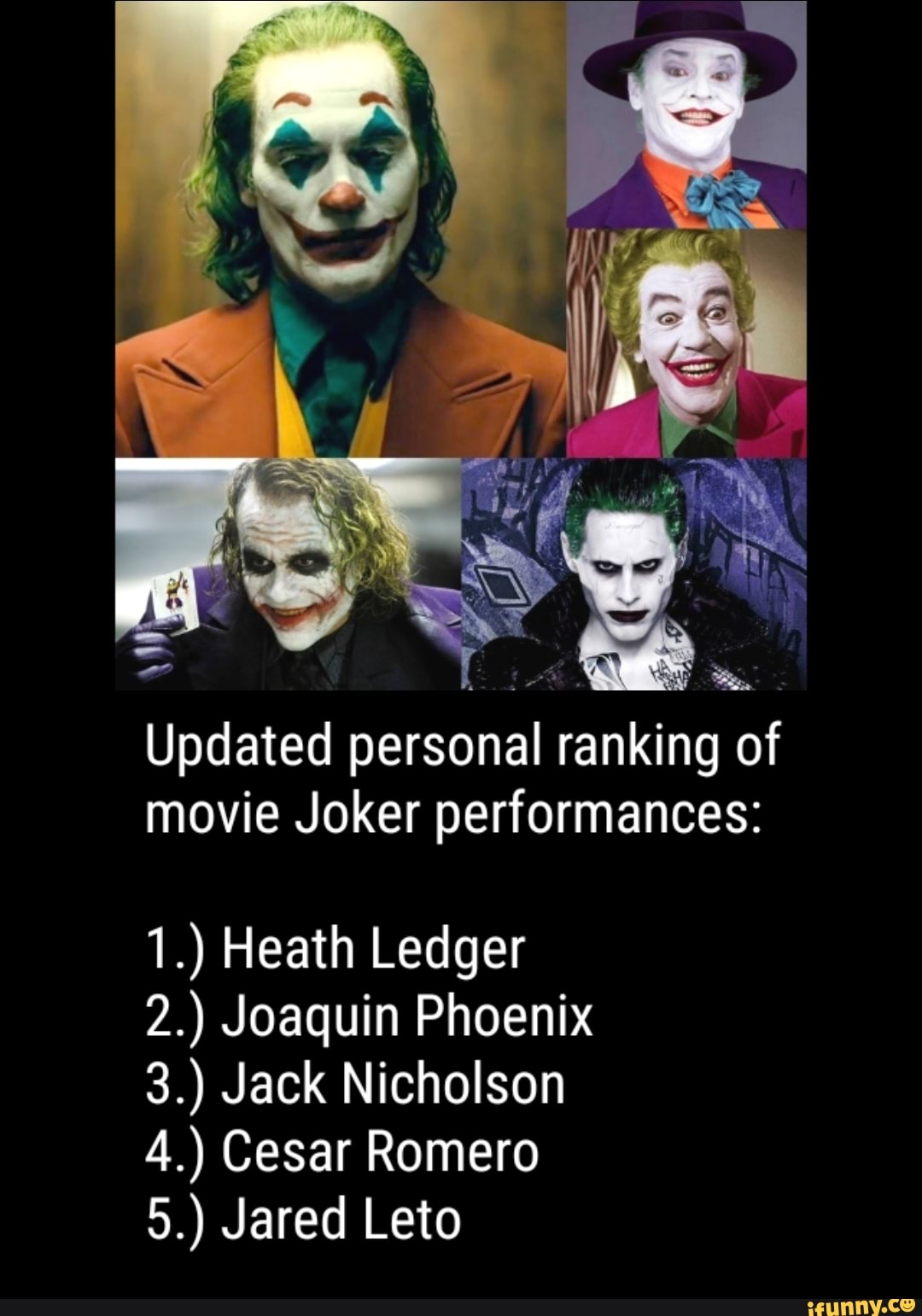 Updated personal ranking of movie Joker performances: 1.) Heath Ledger ...