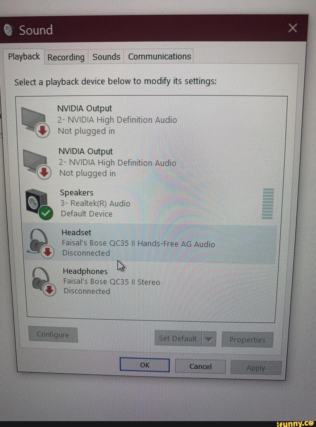 Sound Playback Recording Sounds Communications Select a playback device