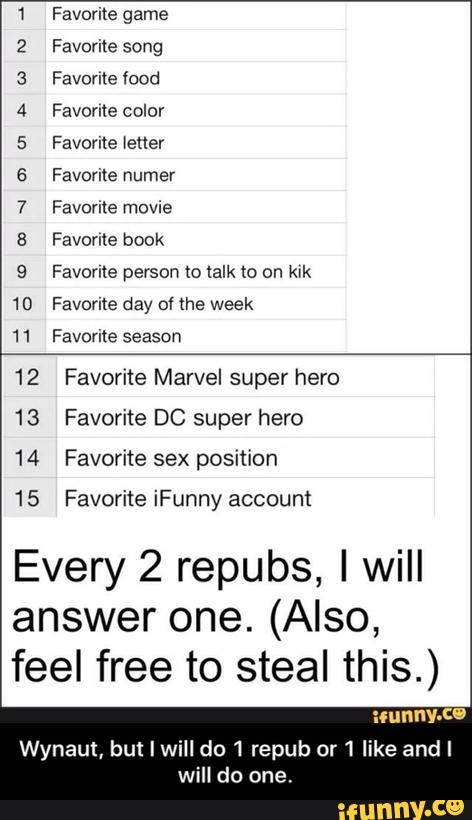 1 Favorite game
2 Favorite song
3 Favorite food
4 Favorite color
5 Favorite letter
6 Favorite numer
7 Favorite movie
8 Favorite book
9 Favorite person to talk to on kik
10 Favovite day ol the week
1 1 Favorite season
12 Favorite Marvel super hero
13 Favorite DC super hero
14 Favorite sex position
15 Favorite iFunny account
Every 2 repubs, I will
answer one. (Also,
feel free to steal this.)
Wynaut, but I will do ‘I repub or ‘I like andl
will do one. - Wynaut, but I will do 1 repub or 1 like and I will do one.