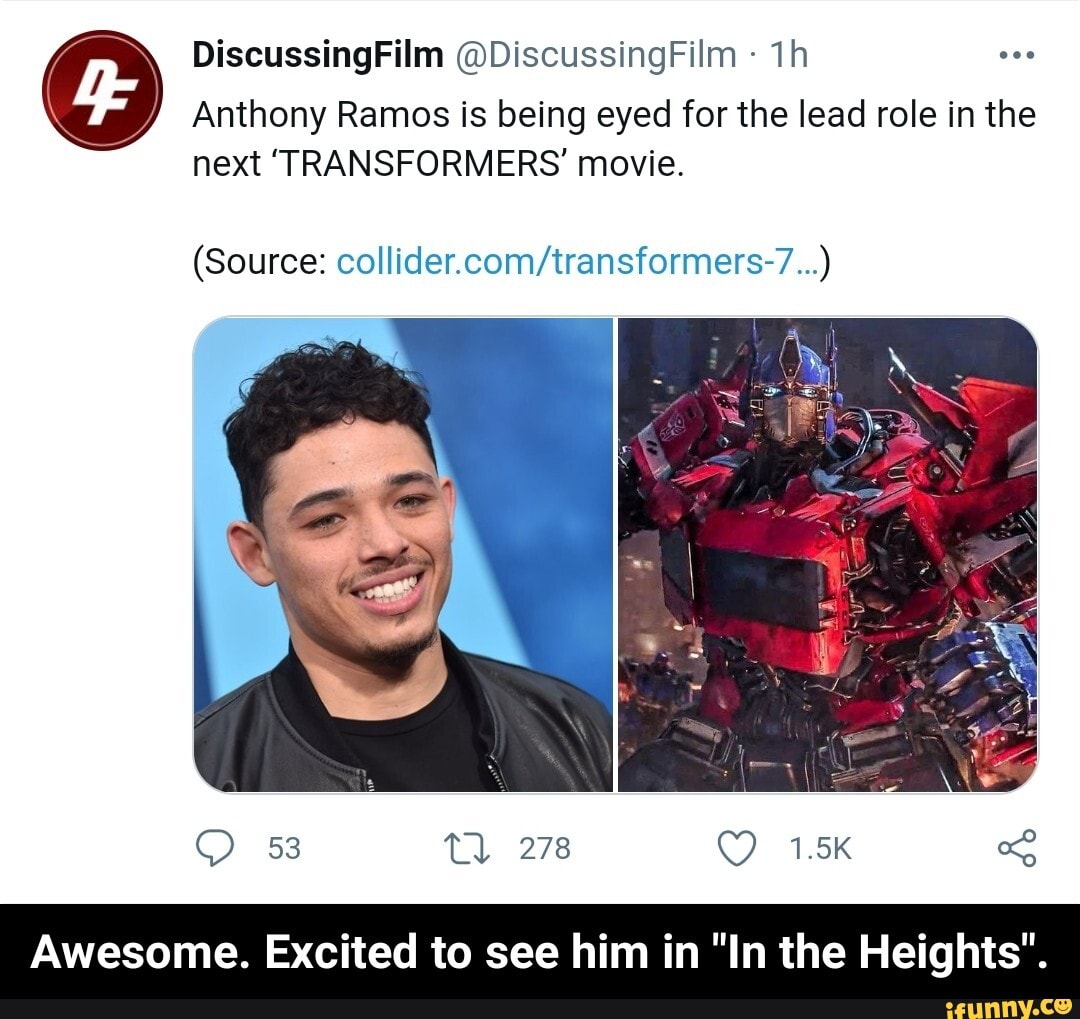 DiscussingFilm @DiscussingFilm
Anthony Ramos is being eyed for the lead role in the next 'TRANSFORMERS' movie.
(Source:
278
1.5K
Awesome. Excited to see him in "In the Heights". - Awesome. Excited to see him in "In the Heights".